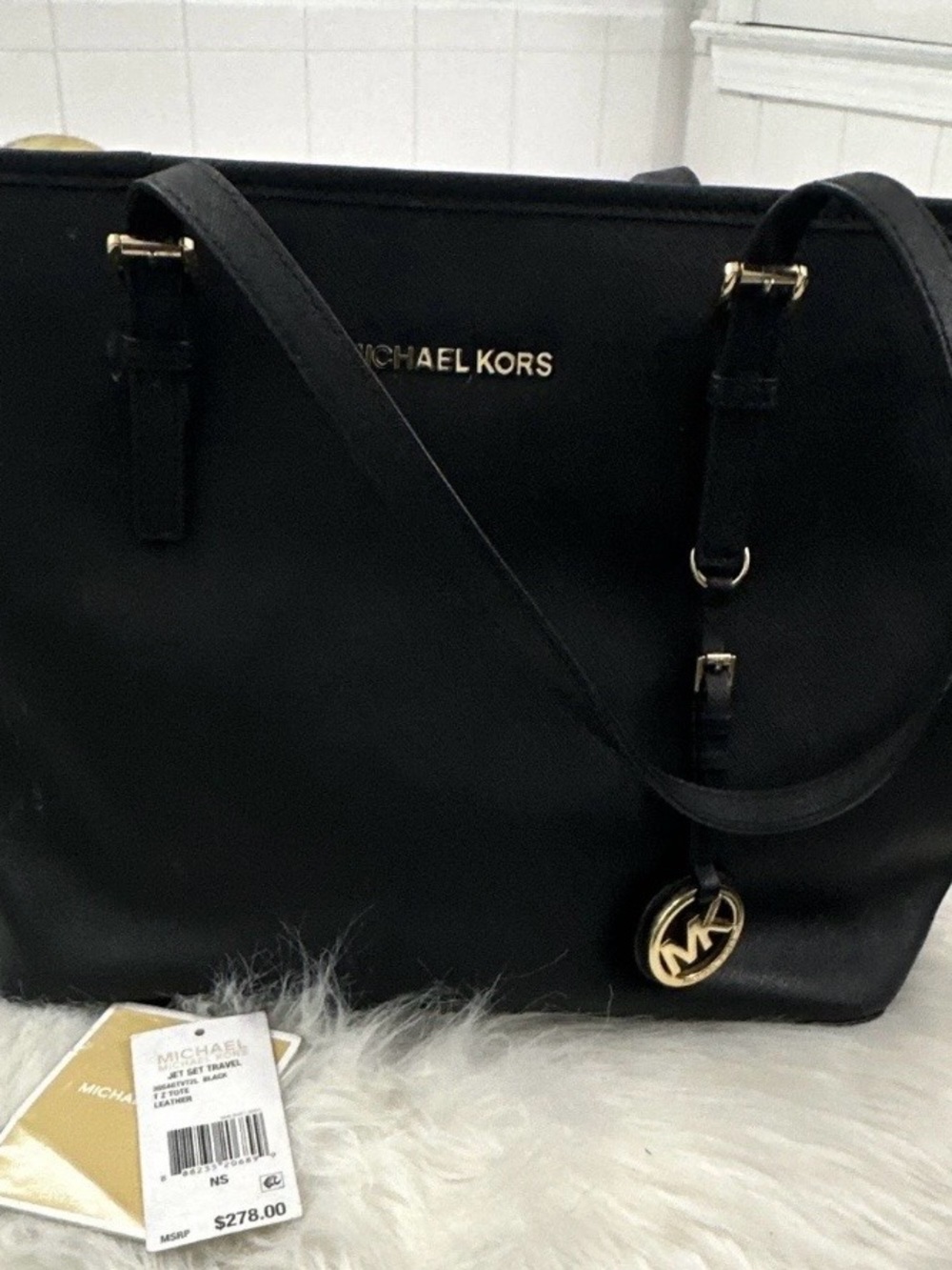 Michael Kors Black Leather Tote with MK Charm and Gold Accents